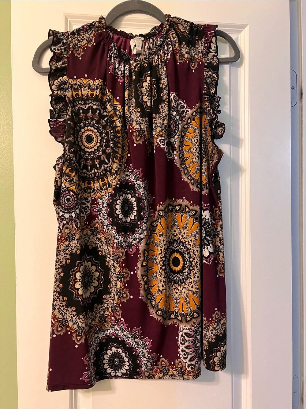Sleeveless Ruffle-Yoke Print Top in Burgundy and Mustard